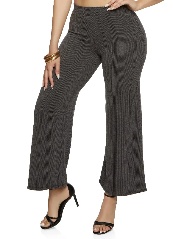 Solid Ribbed High Waist Wide Leg Pants