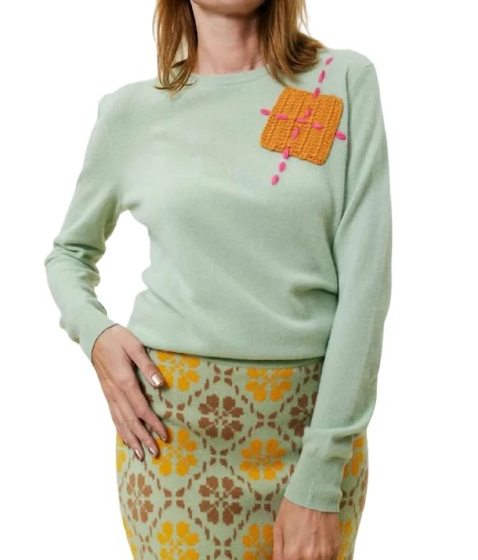 Argyle Crochet Patch Crewneck Top In Sage