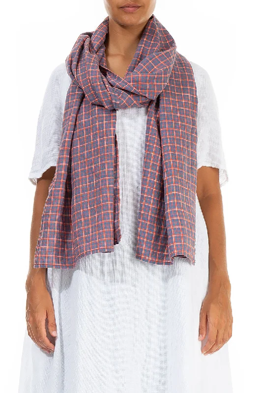 Blue Orange Check Linen Scarf