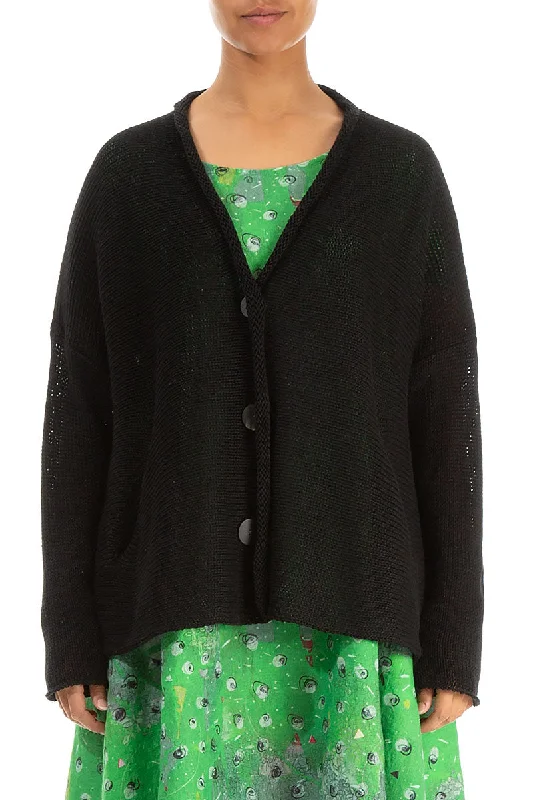 Buttoned Black Linen Cardigan