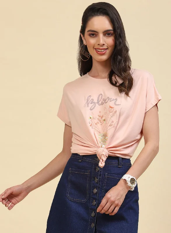 Women Peach Embroidered Top