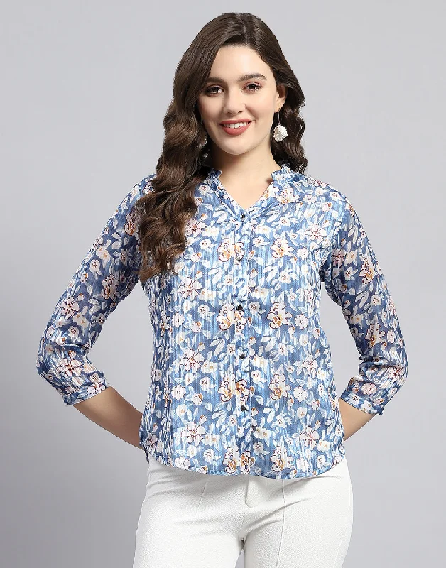 Women Blue Printed Mandarin Neck Half Sleeve Top