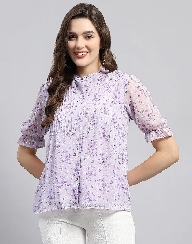 Women Purple Printed Mandarin Neck Half Sleeve Top