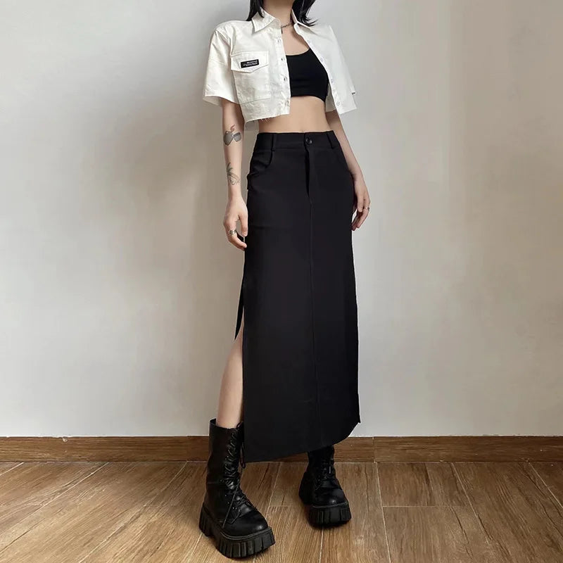 Goth Dark Streetwear Black Y2k Cargo Midi Grunge Gothic Split Sexy High Waist Skirt