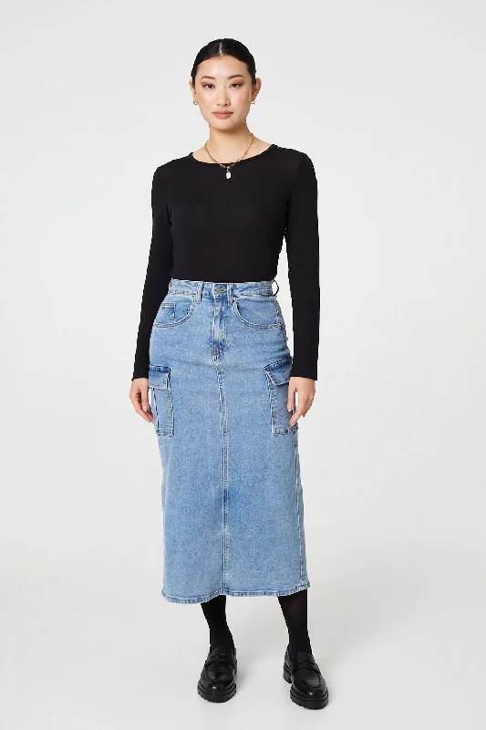 Denim High Waist Midi Cargo Skirt