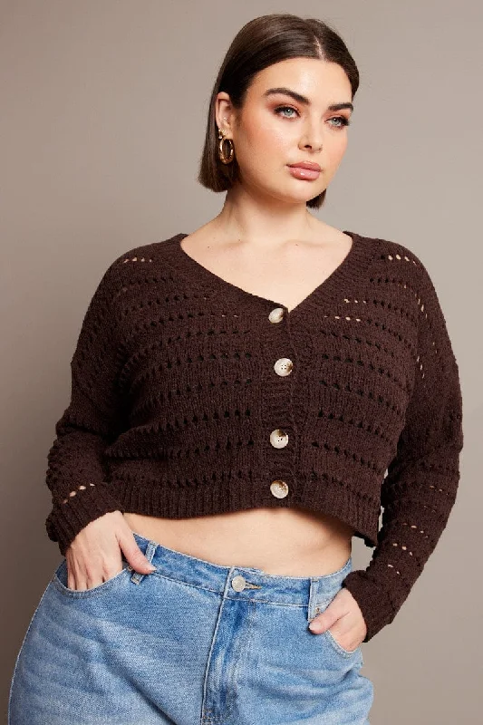 Brown Crochet Knit Cardigan V-neck