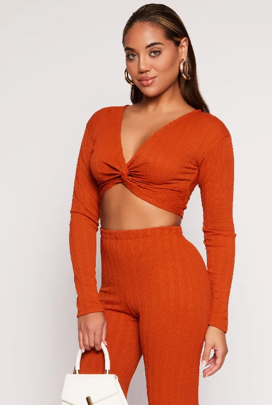 Textured Knit Twist Front Crop Top