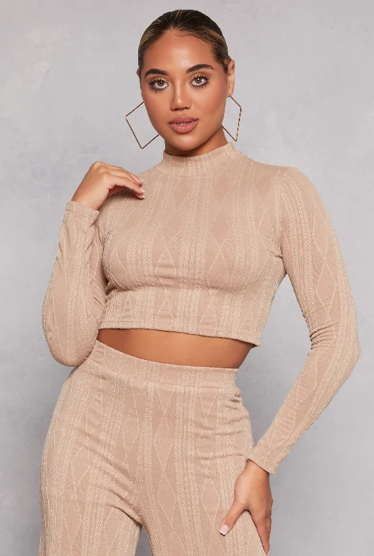 Cable Knit Mock Neck Long Sleeve Crop Top