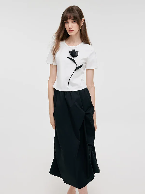 3D Rose T-Shirt And Ruched Skirt Two-Piece Set