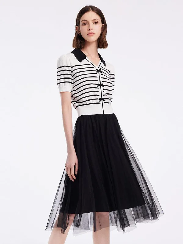 Black And White Striped Top And Mesh Half Women Skirt Two-piece Set