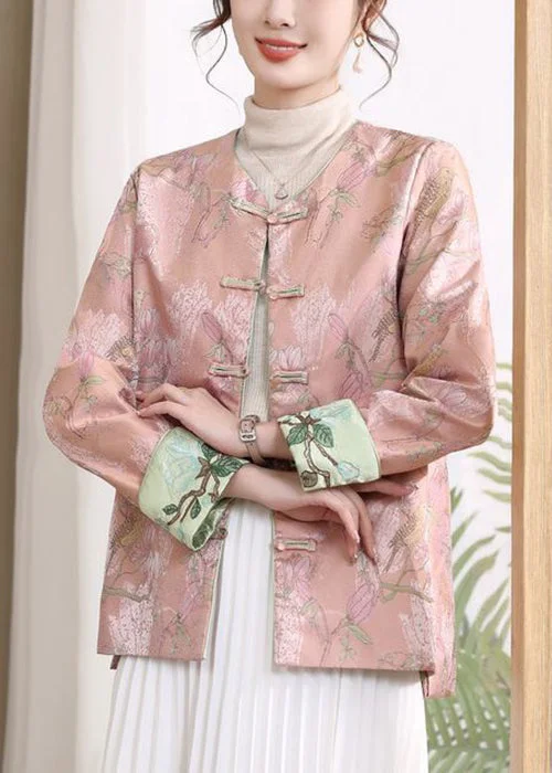 Pink Button Print Silk Coats V Neck Long Sleeve