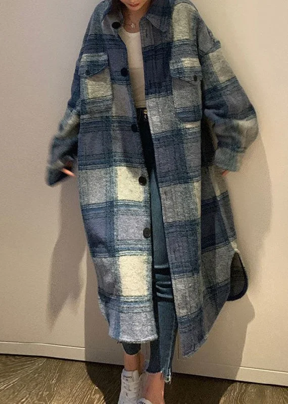 Plus Size Blue Peter Pan Collar Pockets Plaid Woolen Long Coats Fall