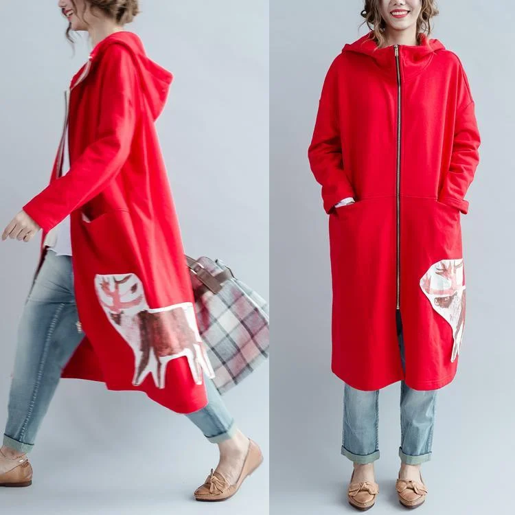 Red hooded long cotton cardigans plus size maxi coats outwear