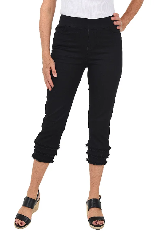 Triple Fringe Pull-On Denim Capri Pant