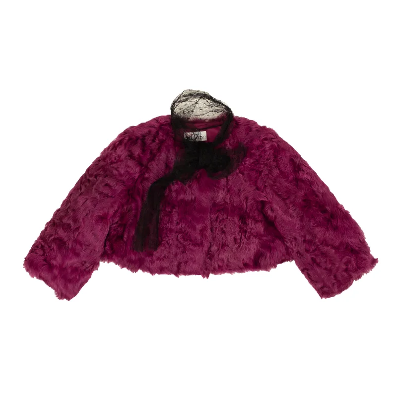 Fuchsia Tulle Trimmed Cropped Fur Jacket