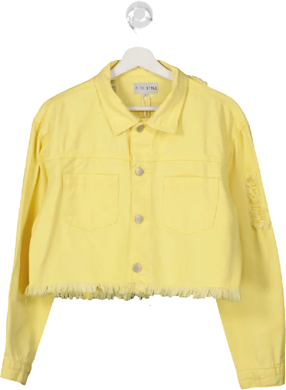 In The Style Yellow Frayed Hem Cropped Denim Jacket UK 8