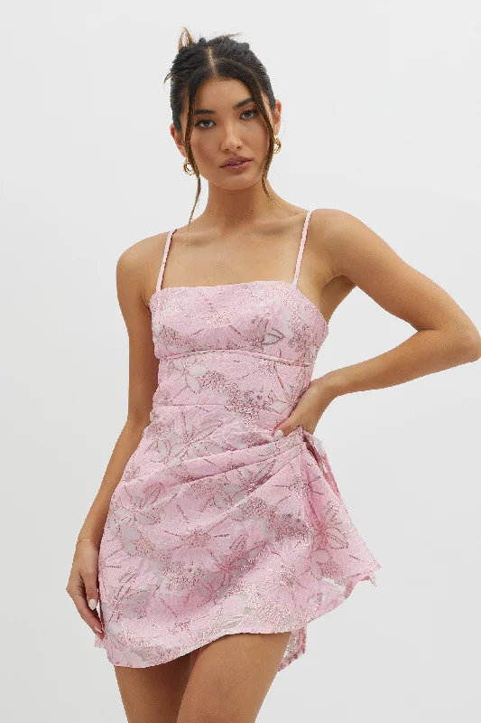 Sterling Gathered Waist Embroidery Mini Dress Pink