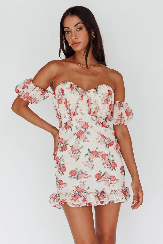 Verona Off-Shoulder Gathered Mini Dress Floral Red