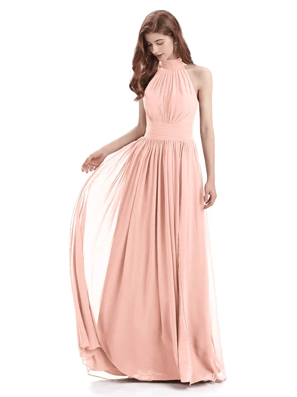 A-Line Halter Elegant Chiffon Long Bridesmaid Dresses