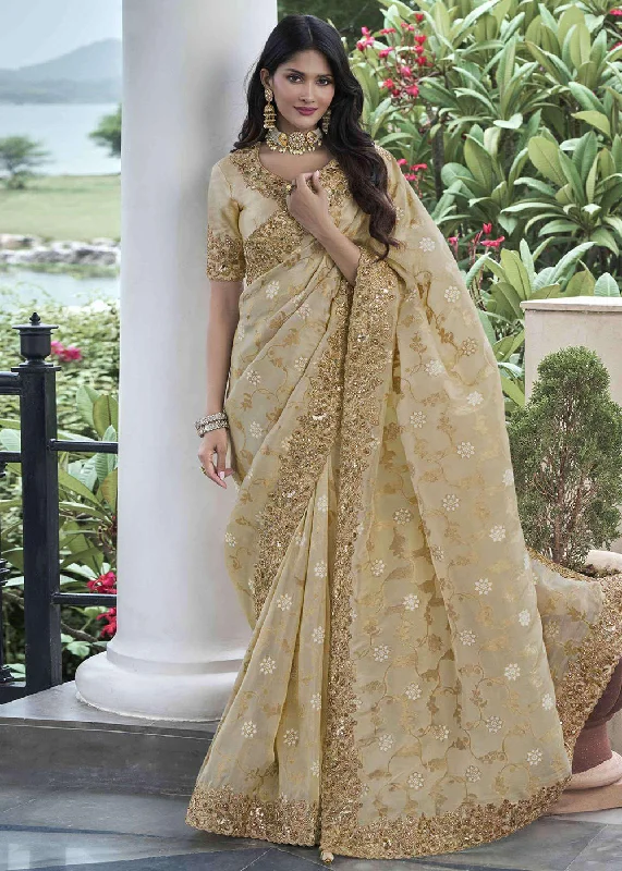 Beige Viscose Silk Embroidered Designer Wedding Saree