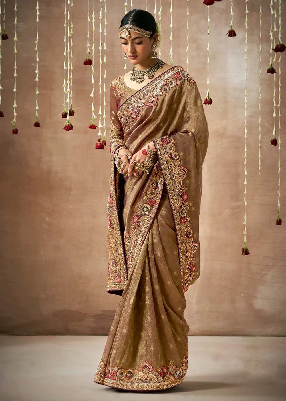 Brown Embroidered Silk Wedding Wear Saree