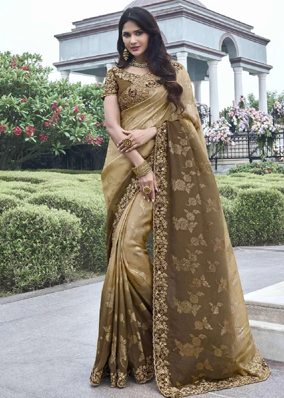 Brown Viscose Silk Embroidered Designer Wedding Saree