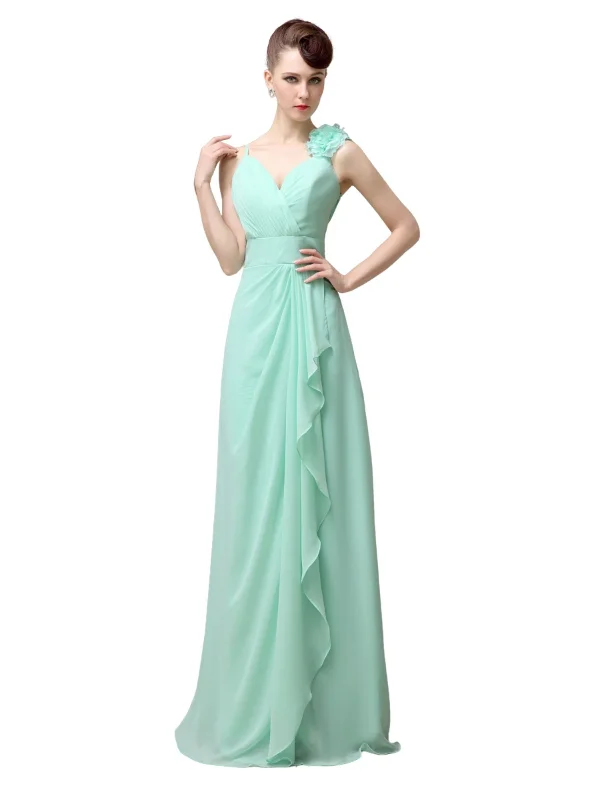 V-neck A-line Simple Chiffon Floor-Length Long Bridesmaid Dresses