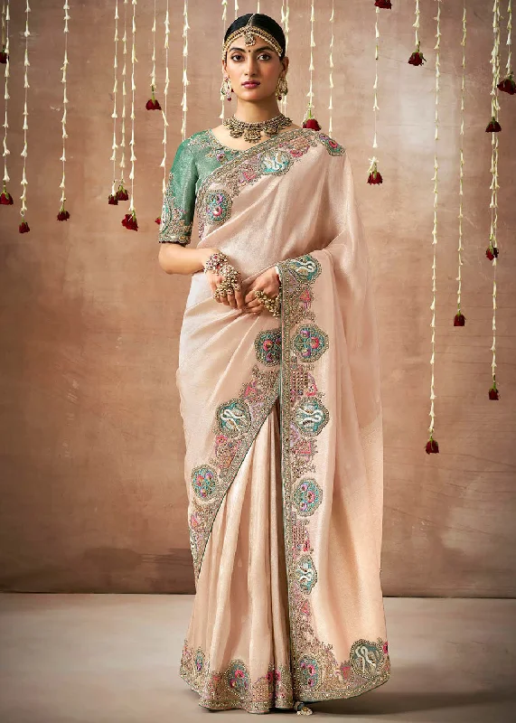 Creamy Peach Embroidered Silk Wedding Wear Saree