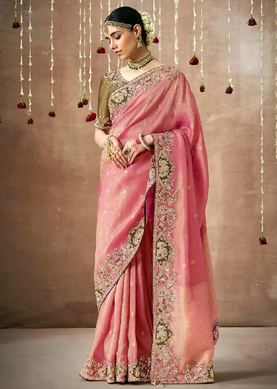 Dusty Pink Embroidered Silk Wedding Wear Saree