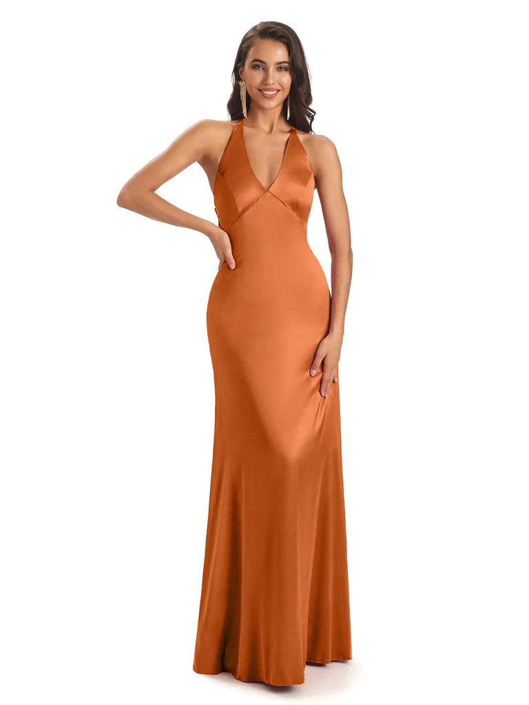 Floor-Length Soft Satin V-Neck Halter Sexy African Bridesmaid Dresses In Stock