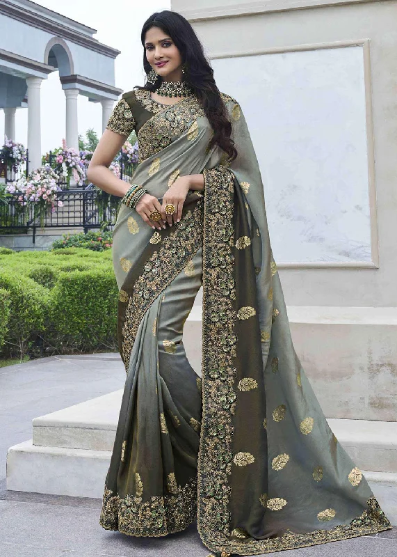 Grey Viscose Silk Embroidered Designer Wedding Saree