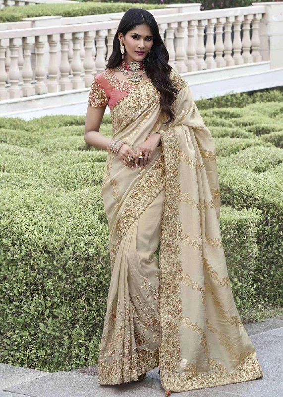 Ivory Viscose Silk Embroidered Designer Wedding Saree