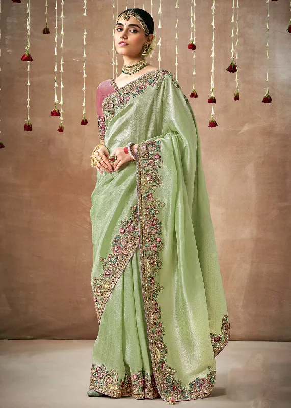 Light Pista Embroidered Silk Wedding Wear Saree