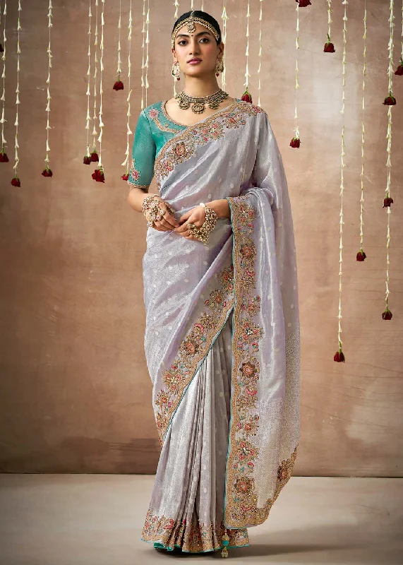 Lilac Grey Embroidered Silk Wedding Wear Saree