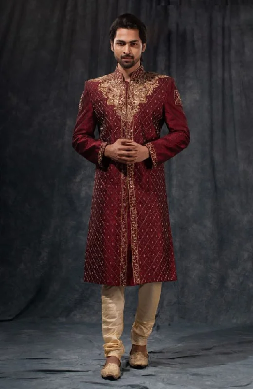 Maroon & Beige Zardosi Embroidered Wedding Sherwani - Rent