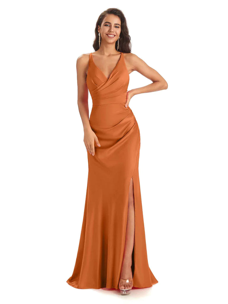 Modern Soft Satin Side Slit Spaghetti Straps V-Neck Floor-Length Sheath Bridesmaid Dresses In Stock