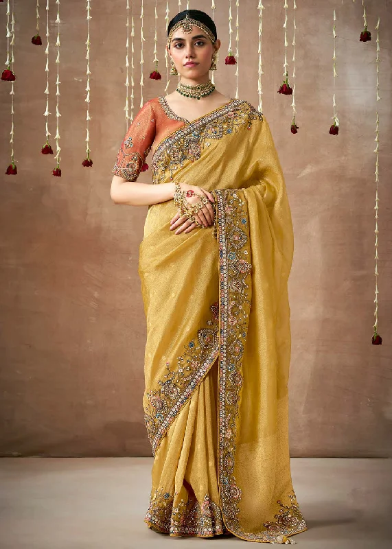 Mustard Embroidered Silk Wedding Wear Saree