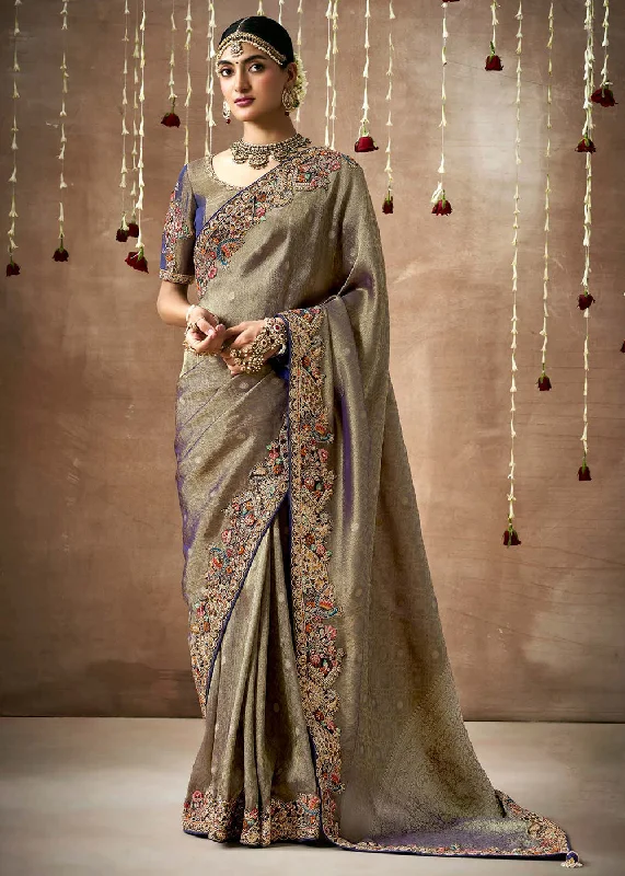 Olive Brown Embroidered Silk Wedding Wear Saree