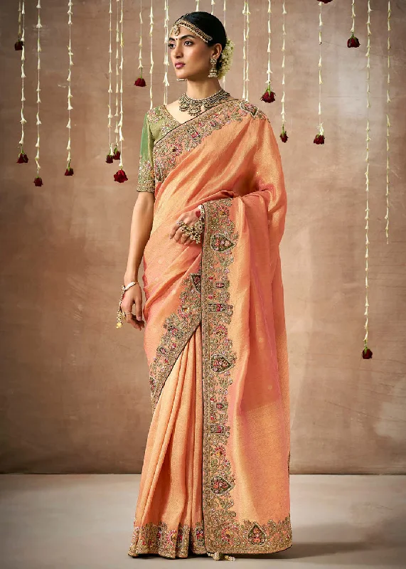 Peachy Orange Embroidered Silk Wedding Wear Saree