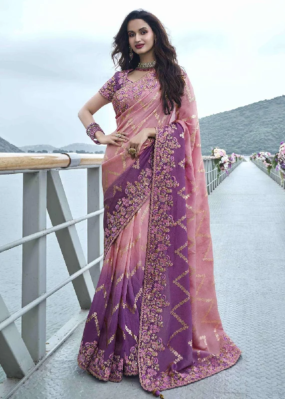 Pink & Purple Viscose Silk Embroidered Designer Wedding Saree