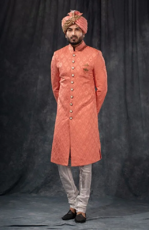 Pink & White Zari Embroidered Wedding Sherwani - Rent