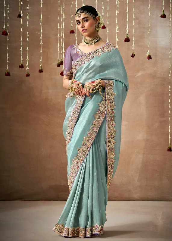 Powder Blue Embroidered Silk Wedding Wear Saree