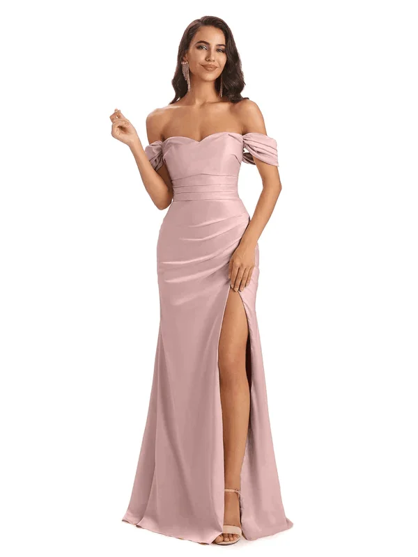 Sexy Off-Shoulder Sweetheart Soft Satin Side Slit Mermaid Floor Length Long Bridesmaid Dresses In Stock