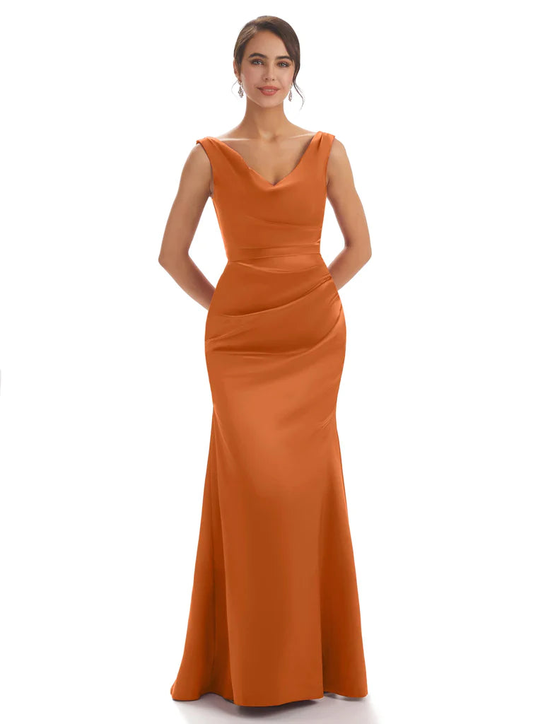 Sexy Simple V-Neck Mermaid Soft Satin Floor Length Bridesmaid Dresses In Stock