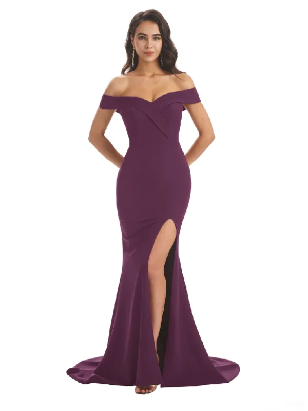 Sexy Soft Satin Off Shoulder Side Slit Floor-Length Mermaid Bridesmaid Dresses In Stock