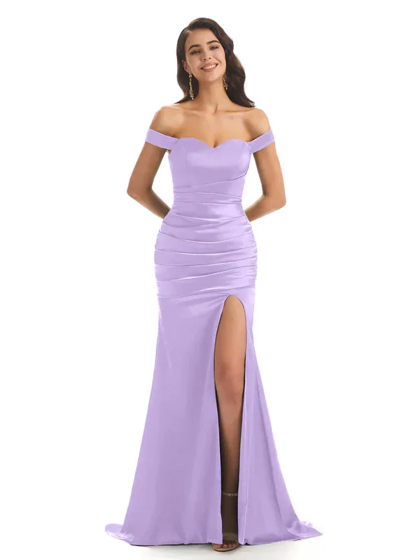 Sexy Soft Satin Off Shoulder Side Slit Long Mermaid Bridesmaid Dresses Online In Stock