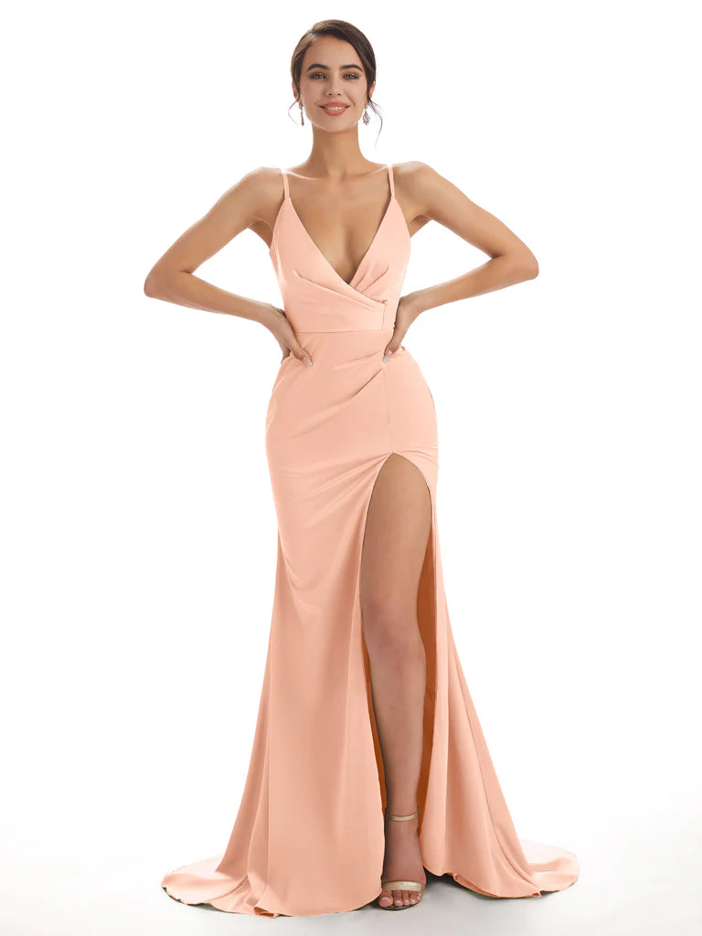 Sexy Soft Satin Side Slit Spaghetti Straps V-Neck Floor-Length Mermaid Bridesmaid Dresses In Stock