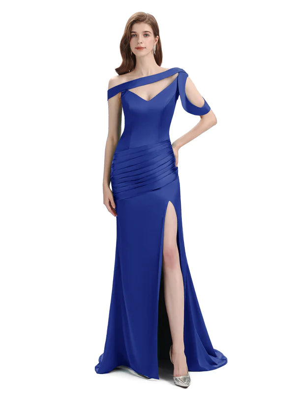 Sexy Soft Satin Unique V-Neck Side Slit Floor-Length Mermaid Bridesmaid Dresses In Stock