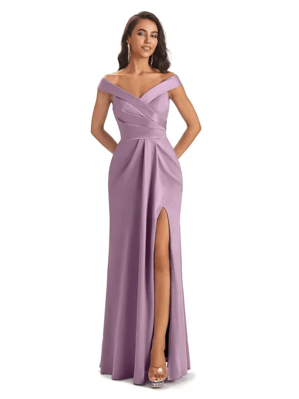 Sexy Soft Side Slit Off Shoulder V-Neck Long Satin Bridesmaid Dresses In Stock