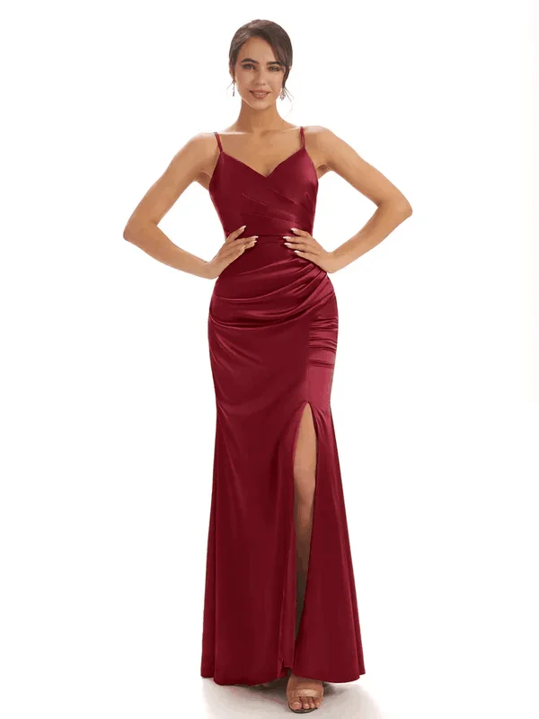 Sexy Spaghetti Straps Soft Satin Pleats Side Slit Mermaid Long Bridesmaid Dresses In Stock